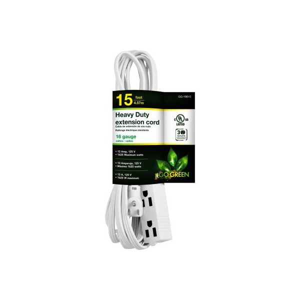 Gogreen SJT Extension Cord, 16 AWG, Indoor, 16/3, 3 Outlets, White, 15 ft GG-19615 - main